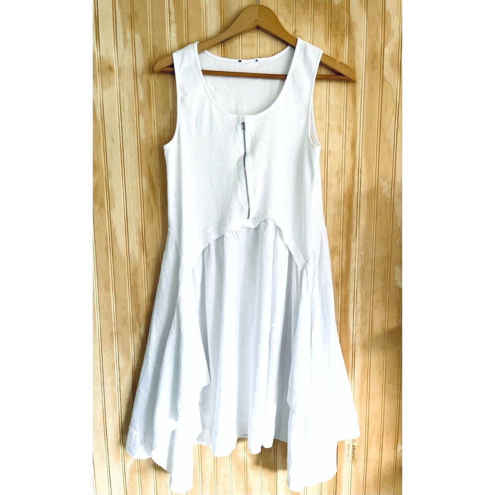 Summer linen blend dress multiple fabric white casual beach resort wear women M